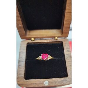 10k Gold, Ruby Heart & Diamond Ring, Excellent Condition, Size 6.5, Lab Created